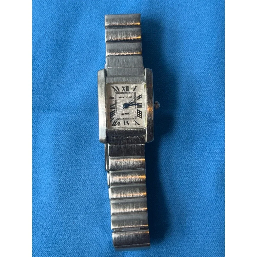 Vintage Perry Ellis Rectangular Silver Tank Watch (PC21S Movement)